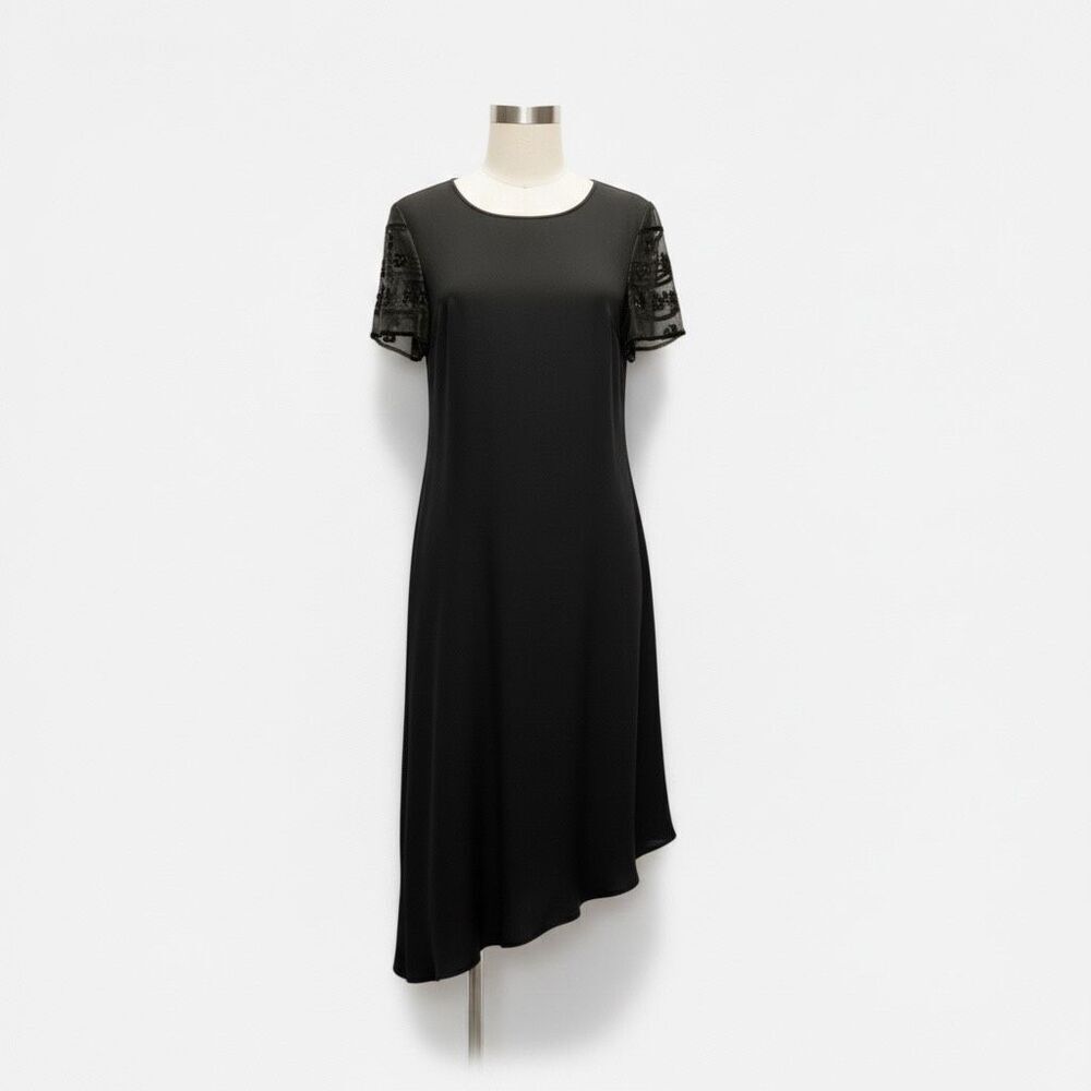 Donna Morgan Vintage Black Silk Beaded Sheer Sleeve Asymmetric Hem Dress 10